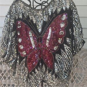 Vintage 70s Silk Sequin Butterfly Batwing Top Black and Pink